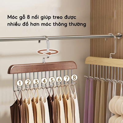 Móc treo áo 2 dây bra đa năng tiện lợi, giá treo 8 mắc bằng gỗ treo áo lót cà vạt thắt lưng túi xách