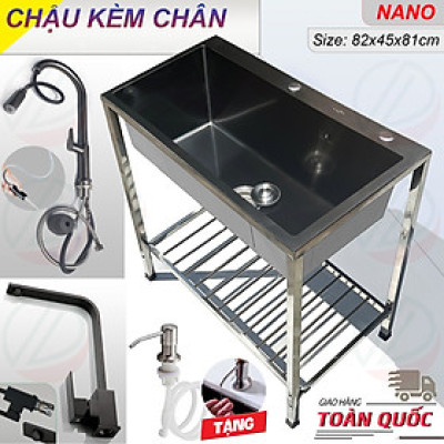 COMBO Chậu Rửa Chén Bát Inox Phủ Nano 1 Hộc KAZTA Có Kệ Chân Kèm Vòi Phụ Kiện - Kích thước 60x45cm và 82x45cm, cao 81cm