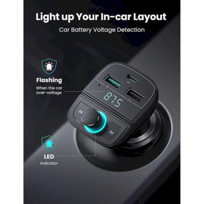 Ugreen UG80910CD229TK BT 5.0 + FM + QC 3.0 + USB + TF Màu Đen Tẩu sạc đa năng gồm phát Bluetooth 5.0 + FM + PD QC3.0 + USB + đọc thẻ TF trên xe hơi - HÀNG CHÍNH HÃNG
