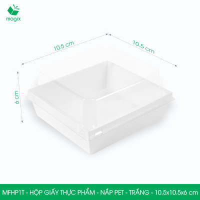 MFHP1T - 10.5x10.5x6 cm - 50 hộp giấy thực phẩm màu trắng nắp Pet, hộp giấy vuông đựng thức ăn, hộp bánh nắp trong
