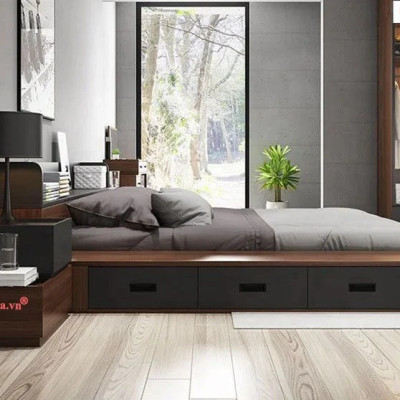 [Miễn phí vận chuyển & lắp đặt] Giường ngủ bệt thông minh kiểu Nhật cao cấp có 2 tap đầu giường và hộc kéo Ohaha - GB004