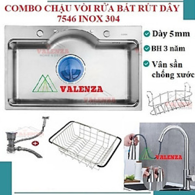 Chậu rửa bát inox304 bán nguyệt 5li chống xước 7546 Valenza, vòi rửa bát rút dây nóng lạnh 01, bộ xả 18cm, khay inox, rổ inox lỗ, bình rửa bát, rửa ly cốc