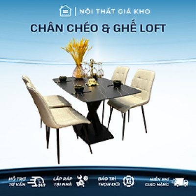 Bàn ăn mặt đá phiến chân chéo kết hợp ghế Loft -  bàn ăn mặt đá nhập khẩu