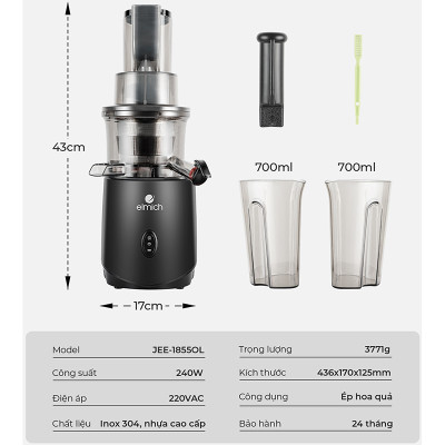 Máy ép chậm Elmich JEE - 1855OL, công suất 240W, ống tiếp nguyên liệu rộng 83mm, độ ồn cực thấp 55 dB - Hàng chính hãng (New)