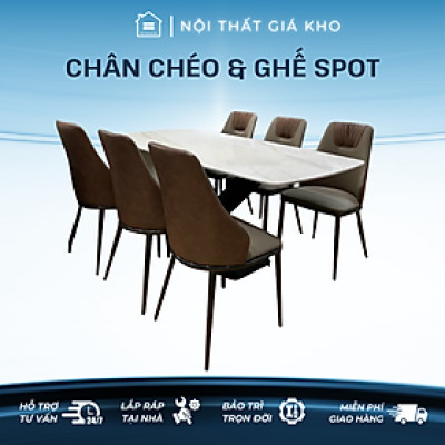 Bàn ăn mặt đá ceramic bóng chân chéo kết hợp ghế spot, bàn ăn mặt đá hiện đại 4 ghế 6 ghế 8 ghế
