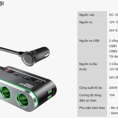 VIETMAP VM52 - Bộ chia sạc ô tô đa năng - Sạc nhanh Quick Charge QC 3.0 - Hàng chính hãng