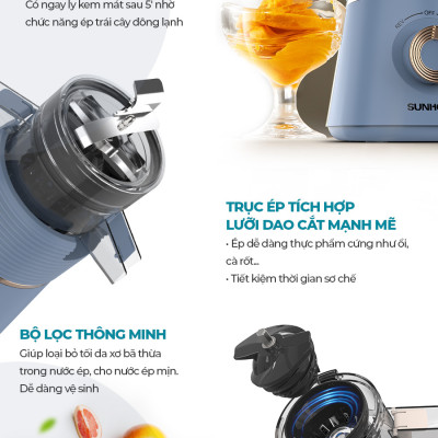 Máy ép chậm Sunhouse SHD5518, Công suất 150W, Ép mọi loại rau củ quả, Chức năng làm kem trái cây tiện lợi, Hàng chính hãng - Bảo hành 12 tháng