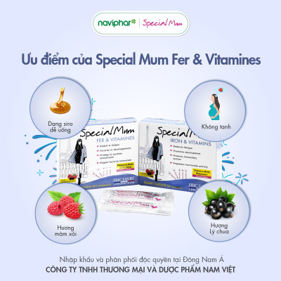 Sắt nước Special Mum Fer et Vitamines Bổ sung sắt hữu cơ và vitamin, phòng ngừa thiếu máu thiếu sắt, giảm mệt mỏi cho phụ nữ mang thai và sau sinh. - 10ml x 20 gói