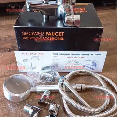 Bộ vòi sen tắm nóng lạnh Valenza 3404 chất liệu đồng thau mạ crom kèm đầy đủ bát sen tắm táp, dây sen tắm inox, cài sen, chân sen-Nước chảy mạnh