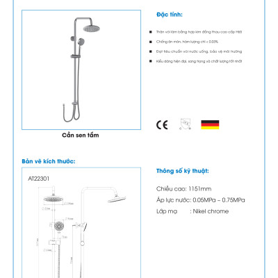 Bộ Sen Cây Đứng Nhà Tắm ATMOR AT22301 + AT90881 (HÀNG CHÍNH HÃNG)