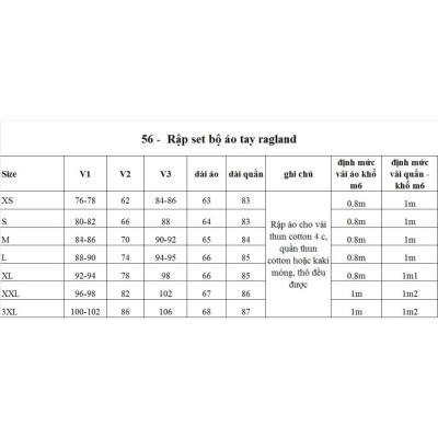 Rập giấy bộ quần thụng áo ragland mã 56