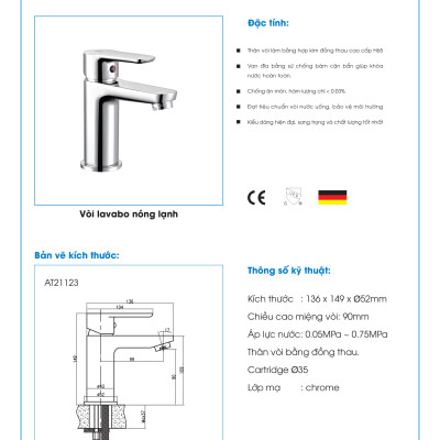 Bộ vòi lavabo nóng lạnh ATMOR AT21123 (HÀNG CHÍNH HÃNG)