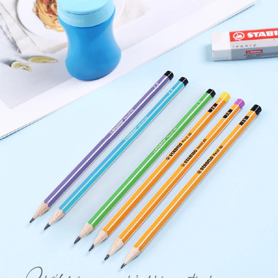 Bút chì gỗ STABILO 2B thân sọc trắng - Sọc cam trắng đuôi tím