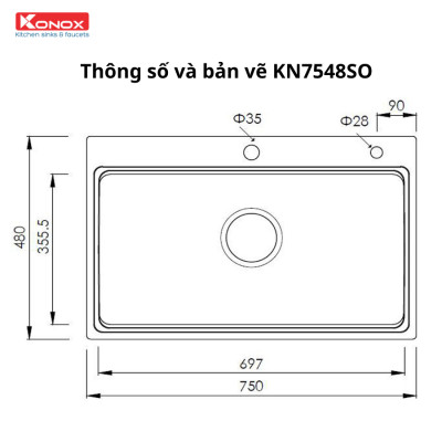 Chậu rửa bát Konox, Overmount Series, Model KN7548SO, Inox 304 cao cấp, 750*480*230mm, Hàng chính hãng