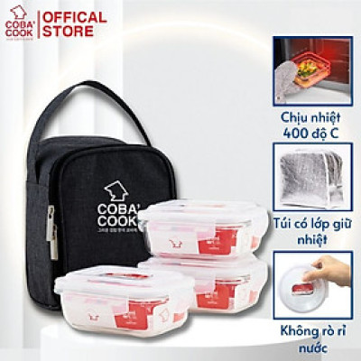 Bộ 3 hộp chữ nhật 370ml đựng cơm kèm túi hộp thủy tinh giữ nhiệt COBA