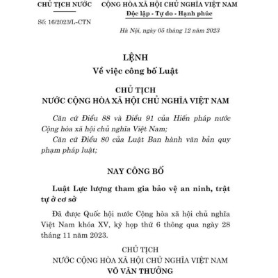 Luật lực lượng tham gia bảo vệ an ninh, trật tự ở cơ sở (bản in 2024)