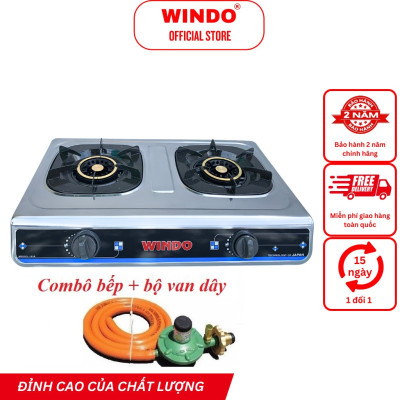 Bếp Gas Đôi Mặt Inox WINDO - 618 PHI 100 - Lửa lớn, điếu gang, có đầu hâm tiết kiệm gas- Hàng Chính Hãng