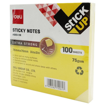 Giấy Note 76 x 76 mm 75gsm - Deli EA603 - Màu Vàng (100 Tờ)