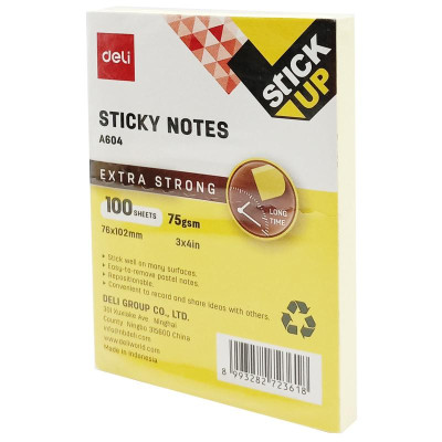 Giấy Note 76 x 102 mm 75gsm - Deli EA604 - Màu Vàng (100 Tờ)