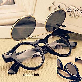 Kính Râm 2 Lớp Mở Nắp Mắt Tròn Gọng Nhựa Chống Nắng Uv Cao Cấp 