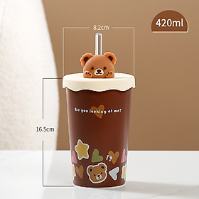 Ly gốm sứ dáng cao đầu gấu kèm nắp silicon dễ thương 420ml