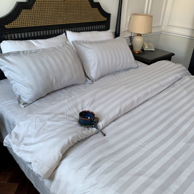 Bộ drap giường cotton trắng sọc 3F cao cấp A (1 ga, 2 vỏ gối nằm, 1 vỏ gối ôm)