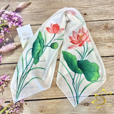 Khăn Lụa Vuông Cao Cấp Vẽ Tay Hoa Sen SenSilk, Quà Lưu Niệm Việt, Khăn Quấn Thời Trang