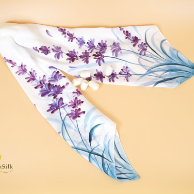 Khăn Lụa Vuông Thời Trang Vẽ Tay Hoa Lavender - SenSilk Limited, Khăn Lụa Tơ Tằm Việt Nam