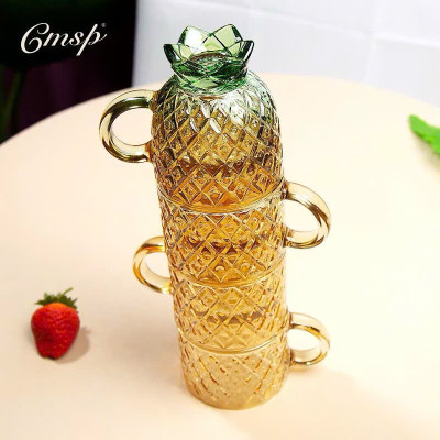 Bộ Bình 4 Cốc Ly Thủy Tinh Hình Quả Dứa Màu Hổ Phách, Bình Chịu Nhiệt Tốt, Trang Trí - HÀNG CHÍNH HÃNG MINIIN