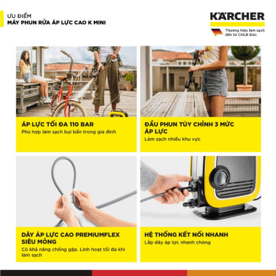 (Mới 2025) Máy phun rửa áp lực cao Karcher K Mini - Công suất 1400W, áp lực tối đa 110 bar nhỏ gọn - Bảo hành 24 tháng - Hàng Chính Hãng