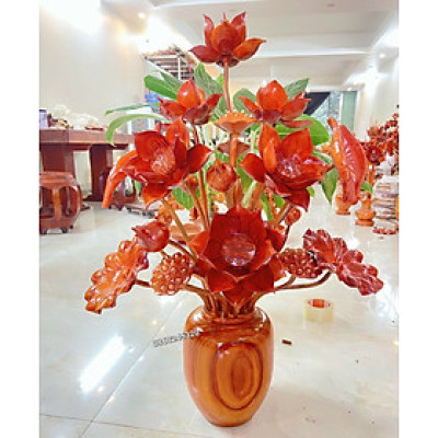 1 bình hoa sen 21 cành ,phong thủy trang trí phòng khách ,phòng thờ bằng gỗ hương đỏ đẹp lung linh