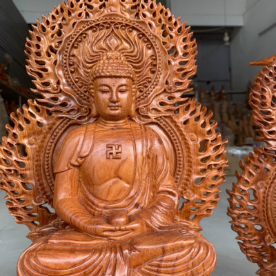 Combo bộ tượng phật tam thánh và kệ chân đế bằng gỗ hương đá + với 2 bình hoa sen 17 cành ,hoa ,lá gương  