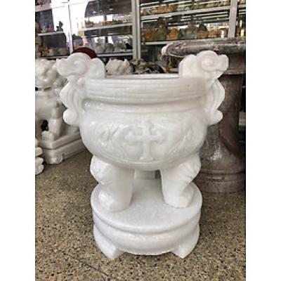 Lư hương, bát hương, bát nhang thờ cúng chạm thánh giá thiên chúa giáo, công giáo đặt bàn thờ, mộ đá cẩm thạch trắng - Cao 40 cm