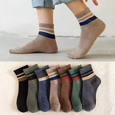 Set 5 đôi tất vớ nam cổ trung sọc ngang nhiều màu sắc, chất liệu cotton khử mùi thoáng khí