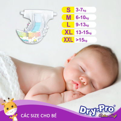 Tã/bỉm dán Dry-Pro siêu mềm nhập khẩu Malaysia size S (3kg - 7kg) - Gói 26 miếng