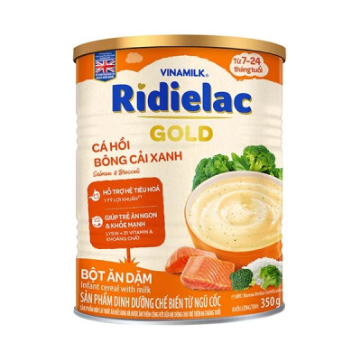 BỘT ĂN DẶM RIDIELAC GOLD CÁ HỒI BÔNG CẢI XANH - HỘP THIẾC 350G