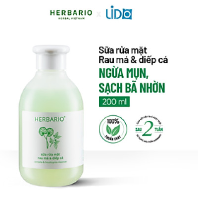 Sữa rửa mặt Rau má & Diếp cá herbario 200ml da dầu, ngăn ngừa mụn thuần chay