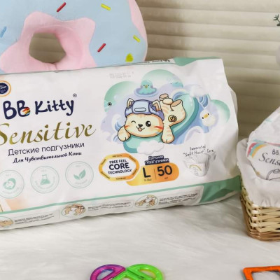 [L50]Tã/Bỉm Dán  BB KITTY SENSITIVE dành cho da Nhạy Cảm size L 50 miếng/ 09 - 14 kg mẫu mới