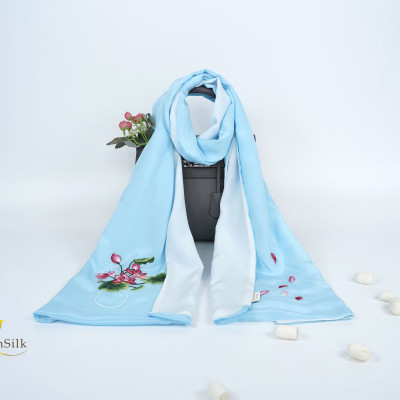 Khăn Thêu Tay Cao Cấp Hoa Sen 2 Màu 100% Lụa Tơ Tằm SenSilk, Silk Handmade Embroidery, Khăn Quàng Cổ Lụa