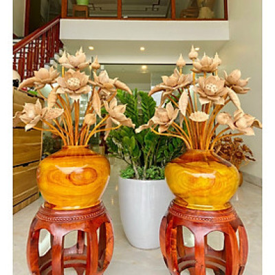 2 bình hoa sen gỗ hương đỏ ,trang trí phòng thờ ,phòng khách tuyệt đẹp, 25 cành ,hoa lá gương bằng gỗ ngọc am thơm phức