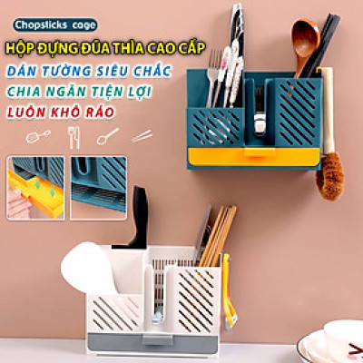 Hộp Đựng Đũa Thìa Treo Tường Giá Để Đũa Thìa Có Khay Đựng Thoát Nước Kèm 2 Dán Chữ T