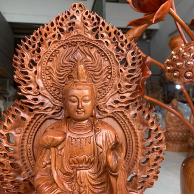 Combo bộ tượng phật tam thánh và kệ chân đế bằng gỗ hương đá + với 2 bình hoa sen 17 cành ,hoa ,lá gương  