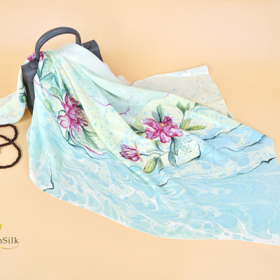Khăn Lụa Thủy Ấn Vẽ Tay SenSilk Hoa Mẫu Đơn, Khăn Quàng Lụa Tơ Tằm, Khăn Choàng Lụa Cao Cấp