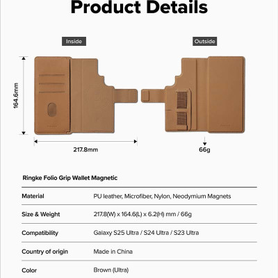 Ví từ tính RINGKE Folio Grip Wallet Magnetic cho S25 Ultra/S24 Ultra - Hàng Chính Hãng