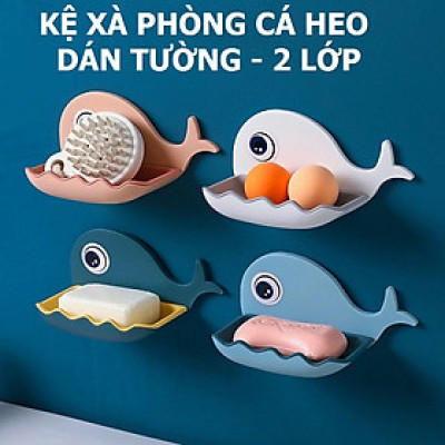 Kệ nhà tắm đựng xà phòng dán tường cá heo, 2 lớp có lỗ thoát nước miếng dán siêu chắc / không cần khoan tường, khay để xà bông cho bé - giao màu ngẫu nhiên 