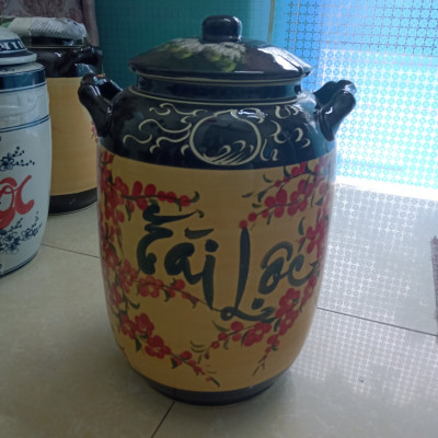 Hũ đựng gạo vẽ cảnh hoa đào tài lộc gốm sứ Bát tràng loại 15L