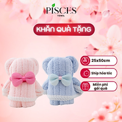 Khăn Mặt Hình Gấu Nơ Làm Quà Tặng PISCES TOWEL 25x50cm Cotton Mềm Mại, Khăn Làm Quà Tặng Bạn Gái