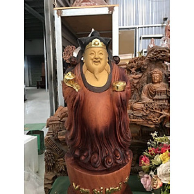 Tượng phật ông thần tài hoan hỷ bằng gỗ hương đá liền khối tô làm mầu giả cổ kt 60×22×15cm