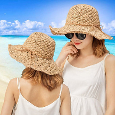Mũ  đi biển nón rộng vành chống nắng gấp gọn thoáng mát phối dây thắt nơ da lộn dona23080505