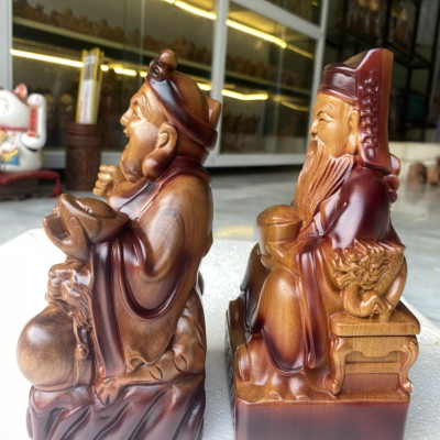 Cặp tượng ông thần tài thổ địa bằng gỗ bách xanh tô làm mầu giả cổ kt cao 20×12×8cm